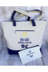 "La vie commence après mon thé" & "Life begins after my tea" Novelty Graphic Print Tote Bag & Pouch